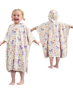 Lavender Unicorn Hooded Toddler Bath Towel - front and back views of the unicorn-print hooded towel