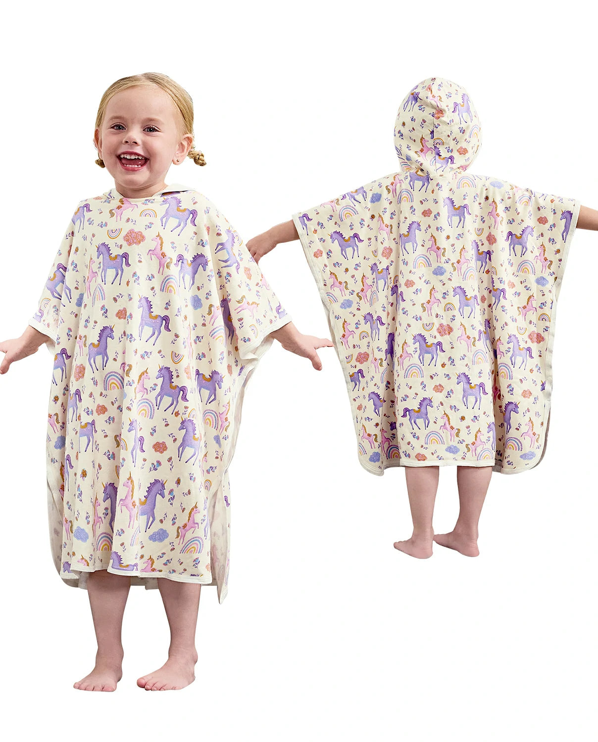 Lavender Unicorn Hooded Toddler Bath Towel - front and back views of the unicorn-print hooded towel