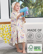 Lavender Unicorn Hooded Toddler Bath Towel - material information graphic beside a child wearing the hooded towel