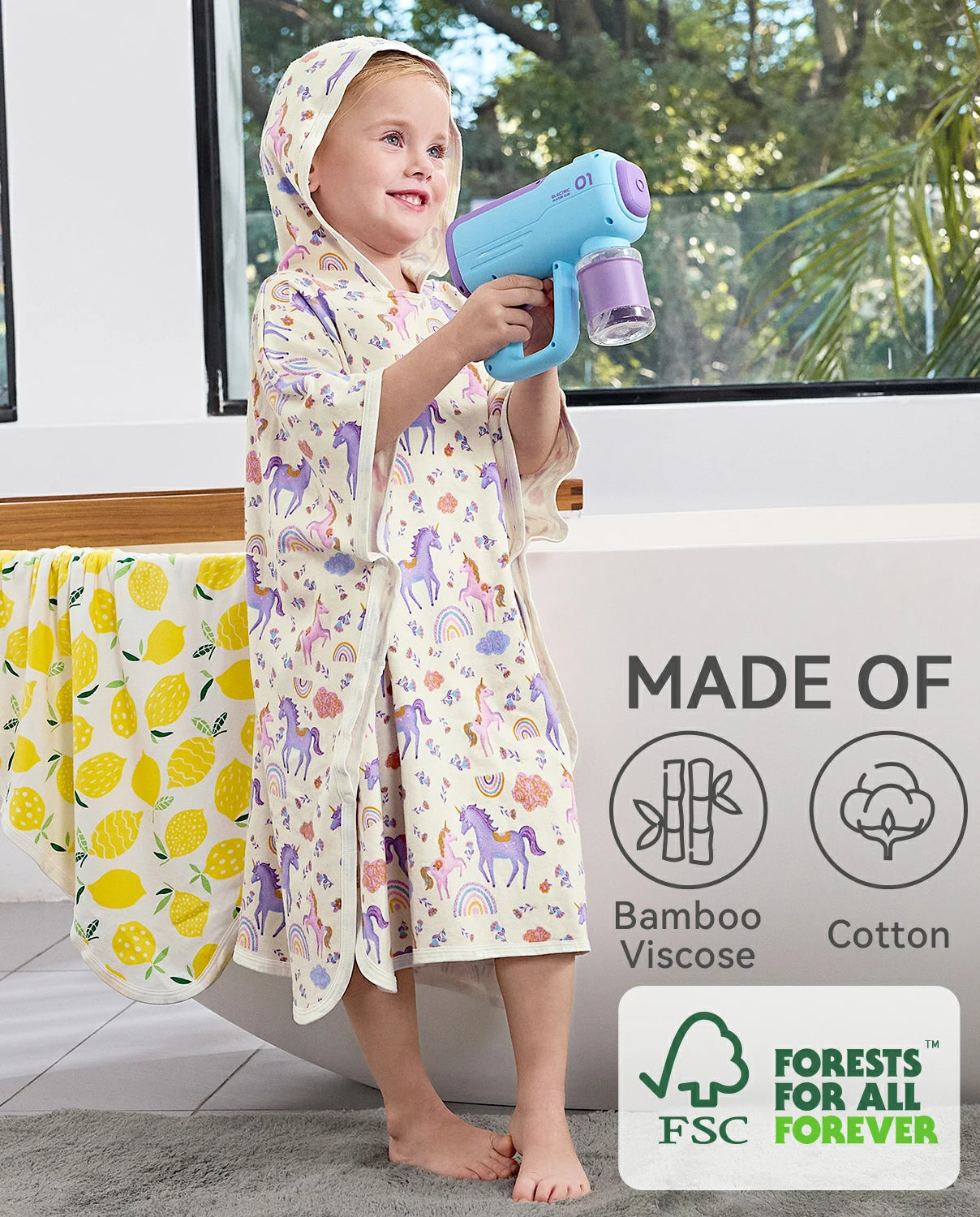 Lavender Unicorn Hooded Toddler Bath Towel - material information graphic beside a child wearing the hooded towel