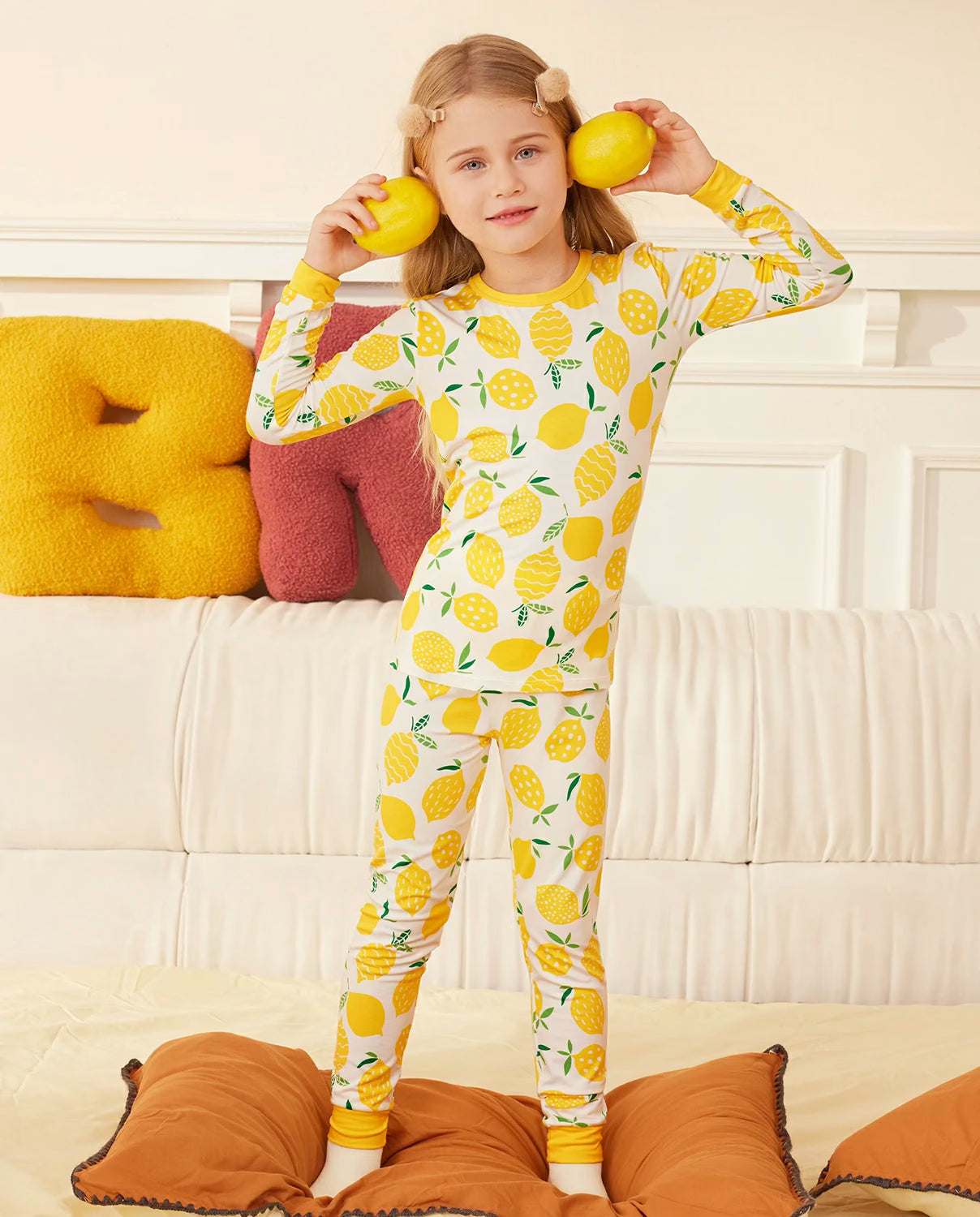 Lemon Tree Long Two-Piece Pajama Set, lemon tree bamboo two piece pjs lifestyle 1