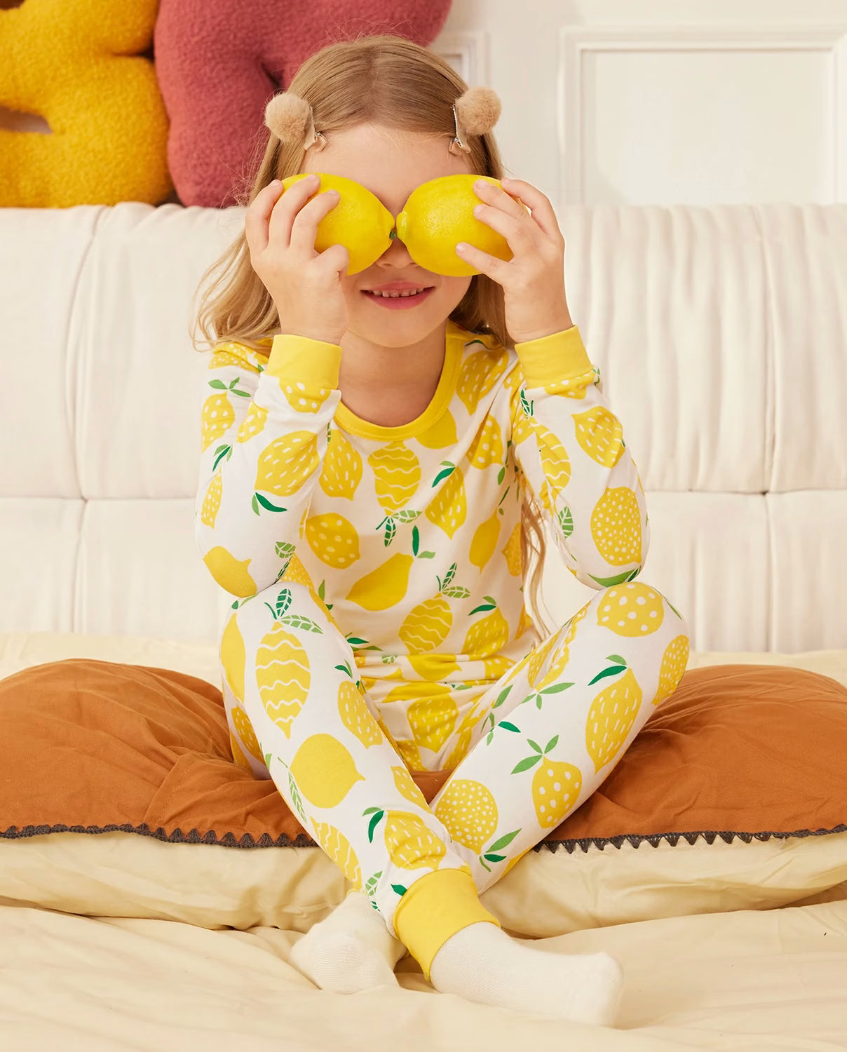 Lemon Tree Long Two-Piece Pajama Set, lemon tree bamboo two piece pjs lifestyle 3
