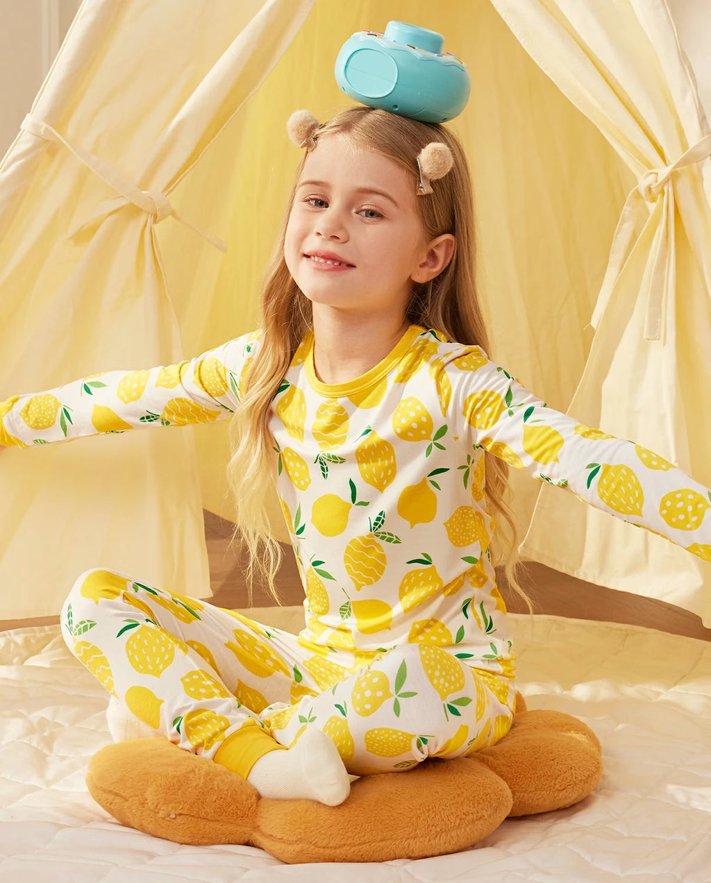 Lemon Tree Long Two-Piece Pajama Set, lemon tree bamboo two piece pjs lifestyle 4