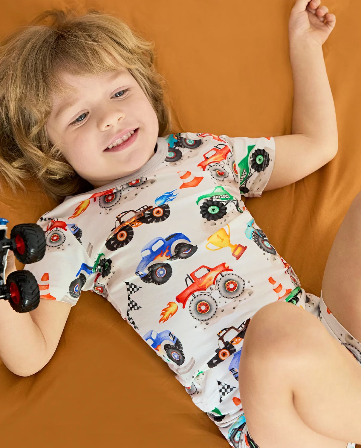 Little Trucks Short Two-Piece Pajama Set, little trucks short two piece pajama set lifestyle 01