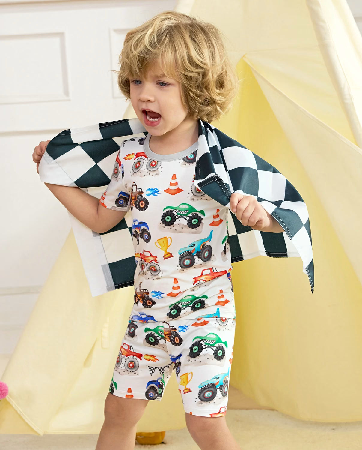 Little Trucks Short Two-Piece Pajama Set, little trucks short two piece pajama set lifestyle 02