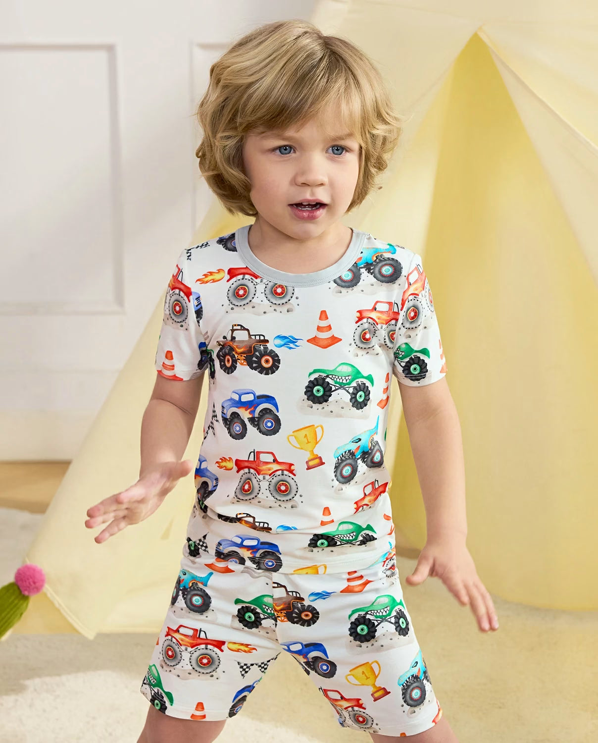 Little Trucks Short Two-Piece Pajama Set, little trucks short two piece pajama set lifestyle 05
