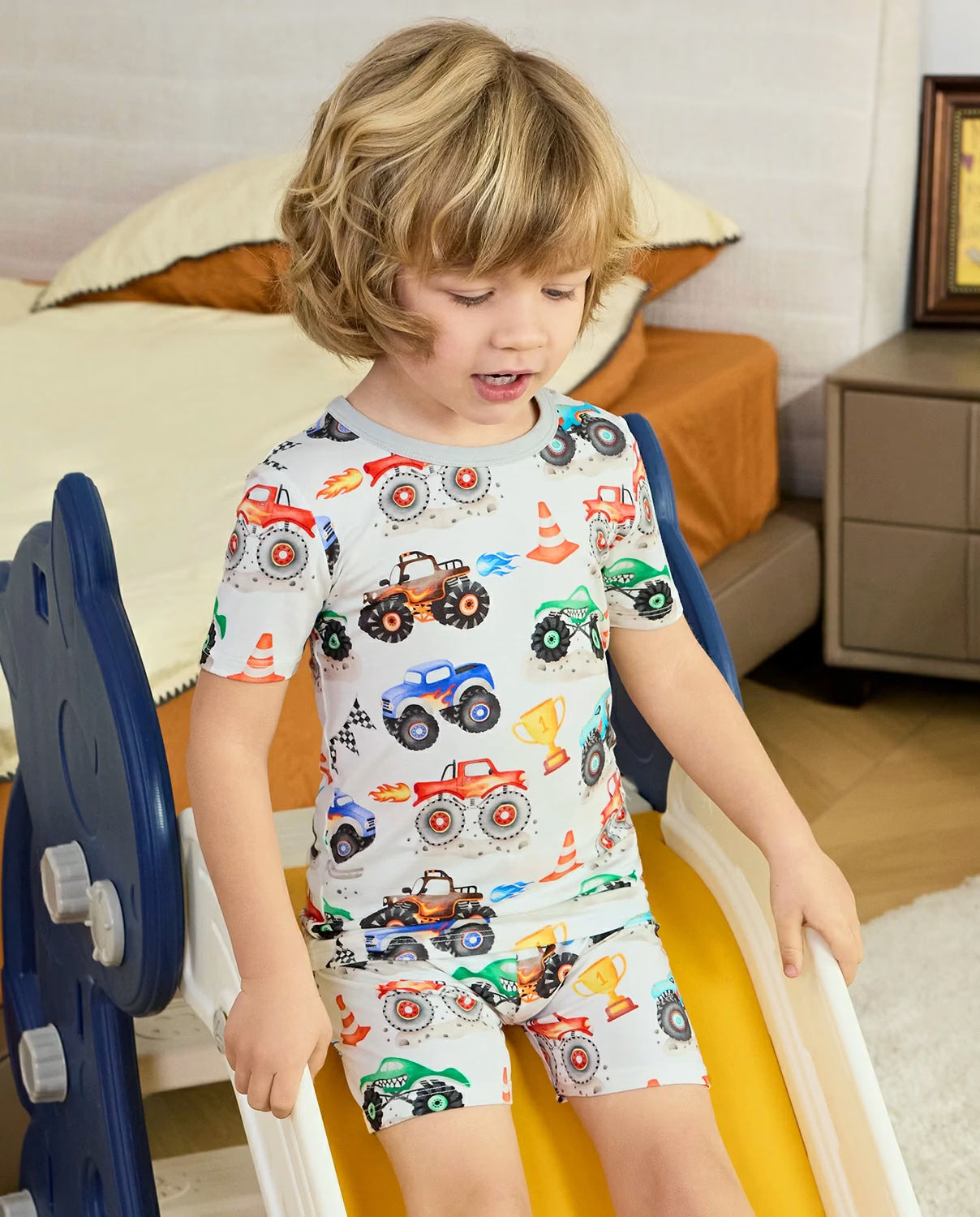 Little Trucks Short Two-Piece Pajama Set, little trucks short two piece pajama set lifestyle 06