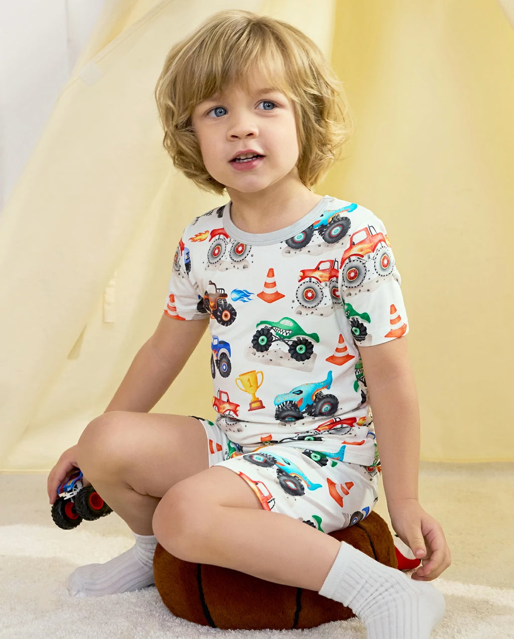 Little Trucks Short Two-Piece Pajama Set, little trucks short two piece pajama set lifestyle 08