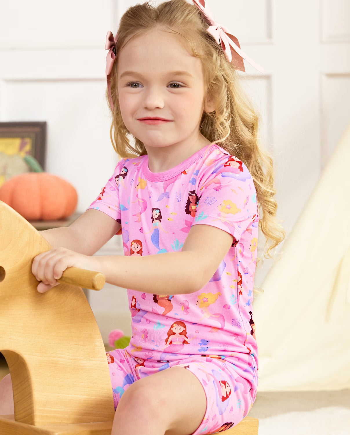 Mermaid Friends Short Two-Piece Pajama Set, mermaid friends bamboo short two piece pjs lifestyle 05