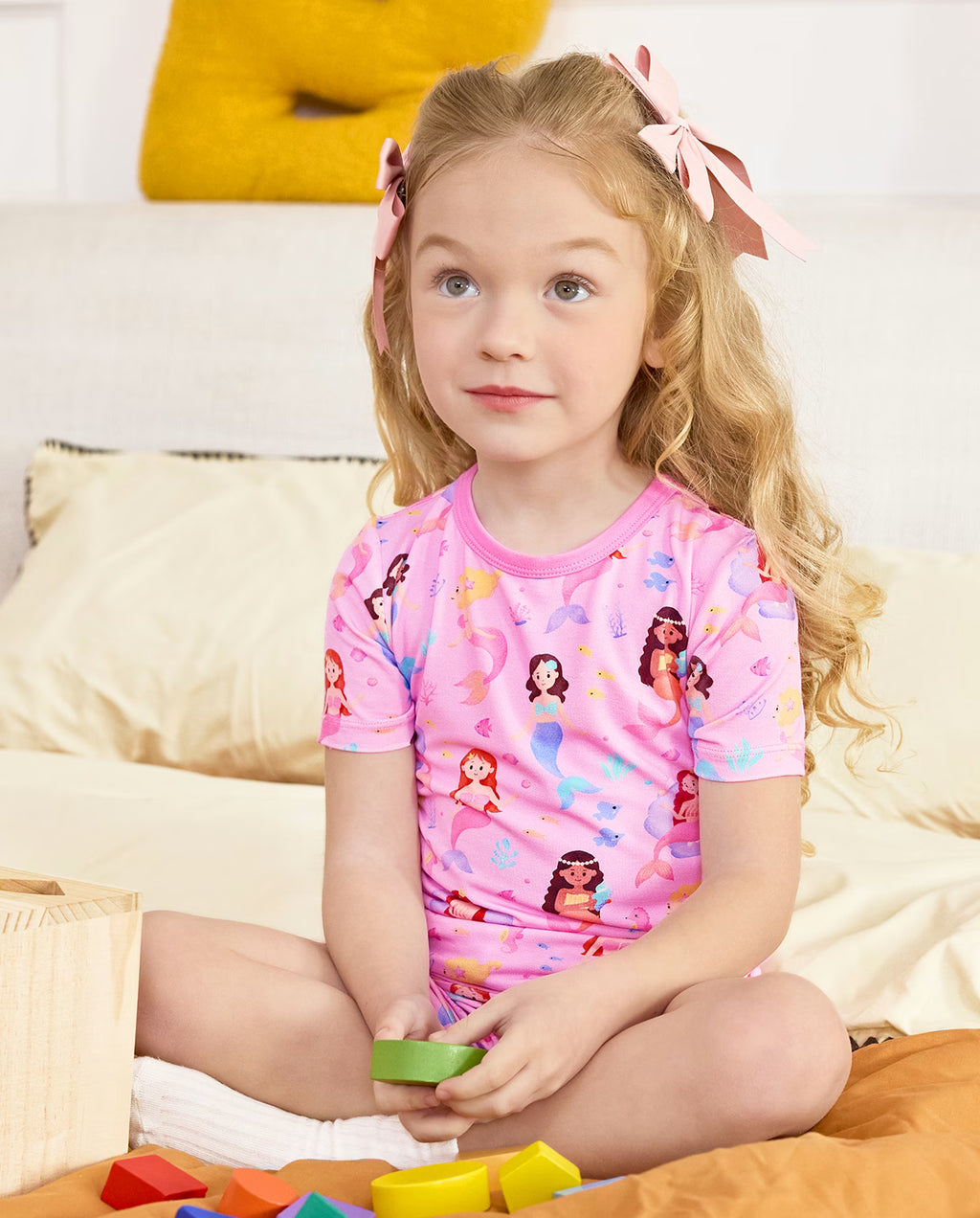 Mermaid Friends Short Two-Piece Pajama Set, mermaid friends bamboo short two piece pjs lifestyle 06