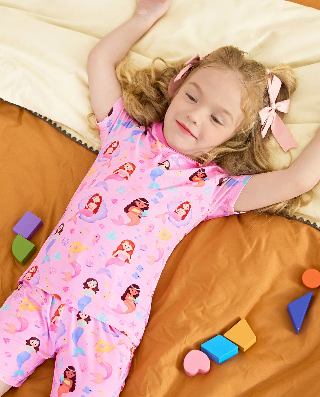 Mermaid Friends Short Two-Piece Pajama Set, mermaid friends bamboo short two piece pjs lifestyle 07