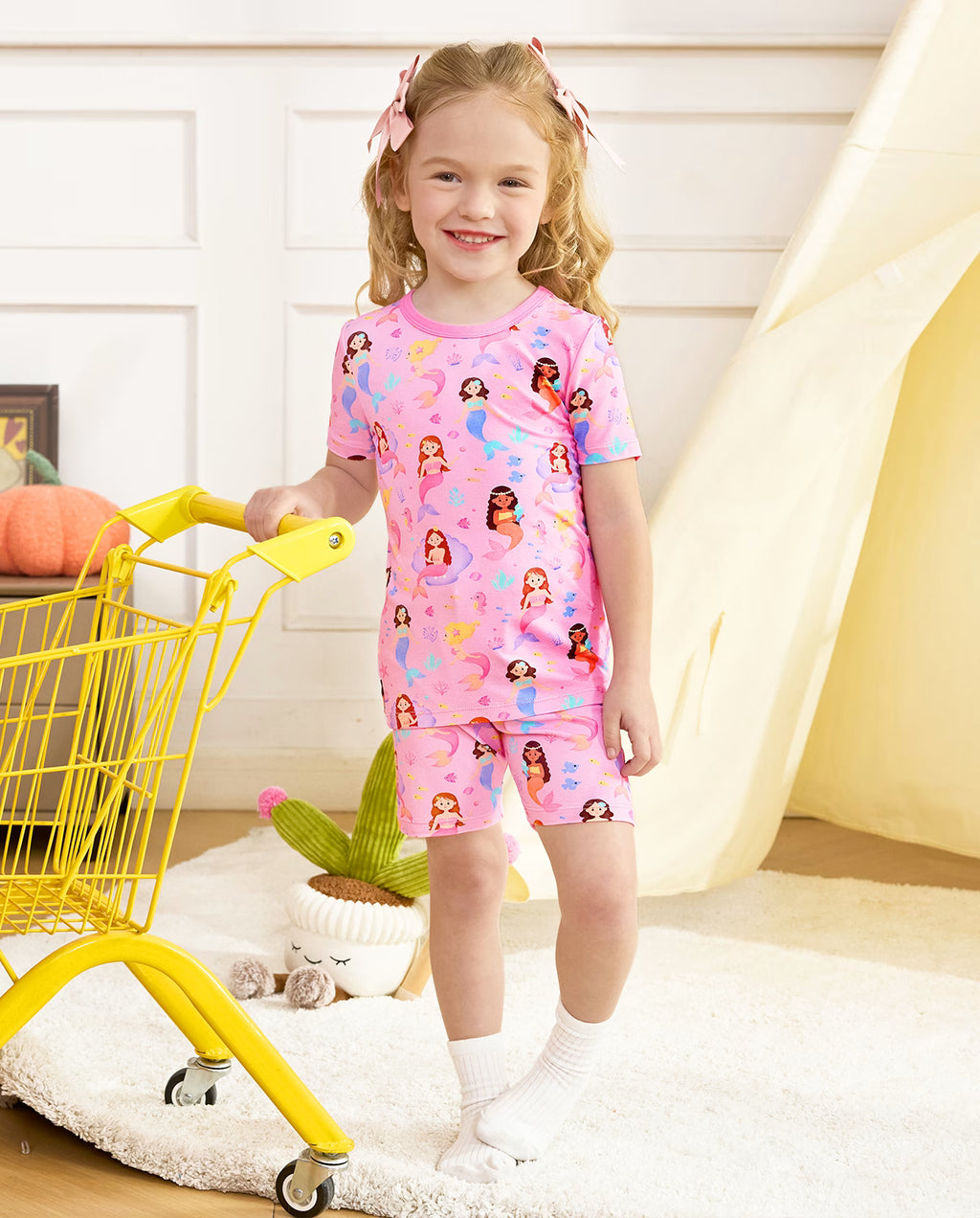 Mermaid Friends Short Two-Piece Pajama Set, mermaid friends bamboo short two piece pjs lifestyle 10