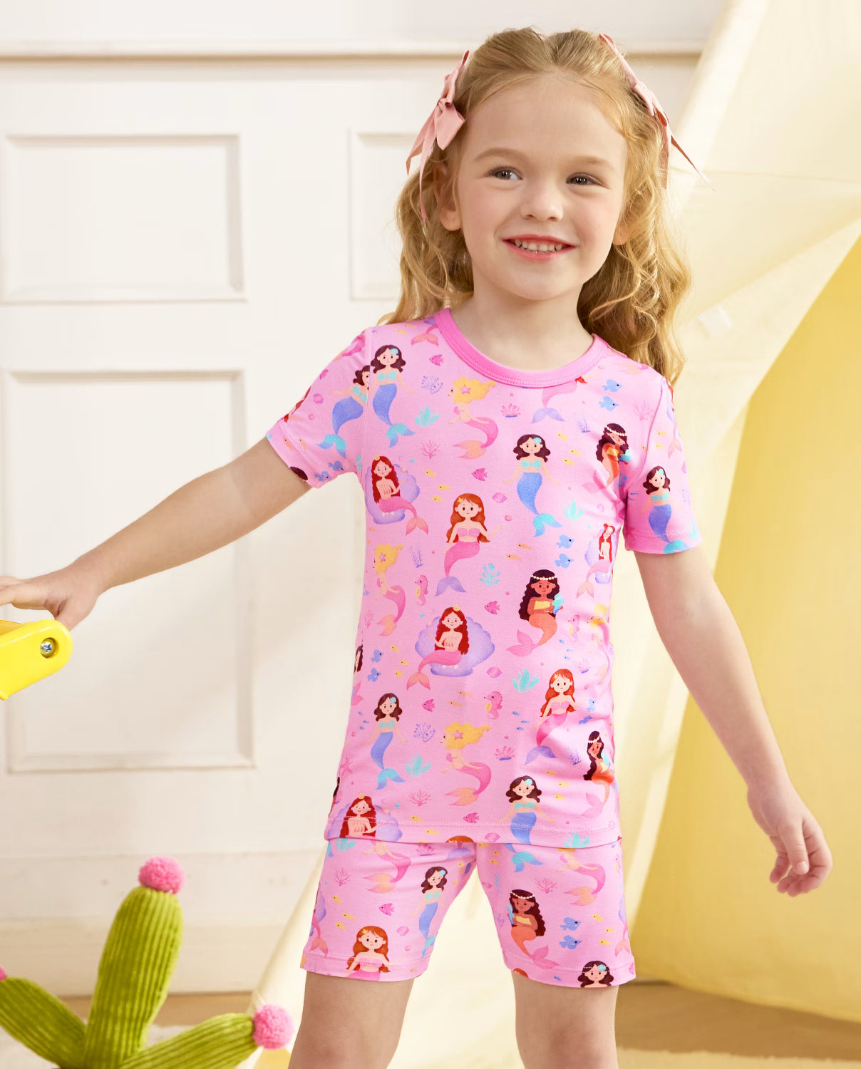 Mermaid Friends Short Two-Piece Pajama Set, mermaid friends bamboo short two piece pjs lifestyle 11