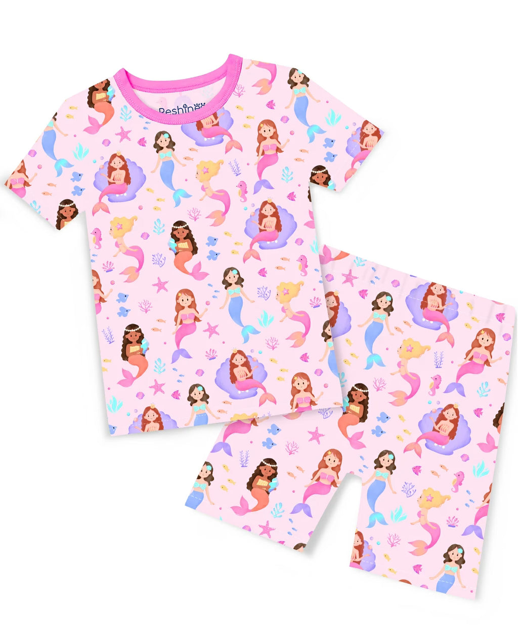 Mermaid Friends Short Two-Piece Pajama Set, mermaid friends bamboo short two piece pjs main