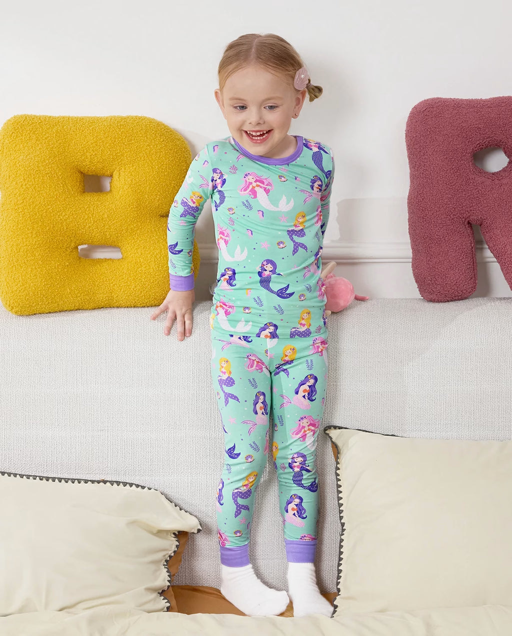 Mermaid Melody Long Two-Piece Pajama Set, mermaid melody bamboo two piece pjs lifestyle 1