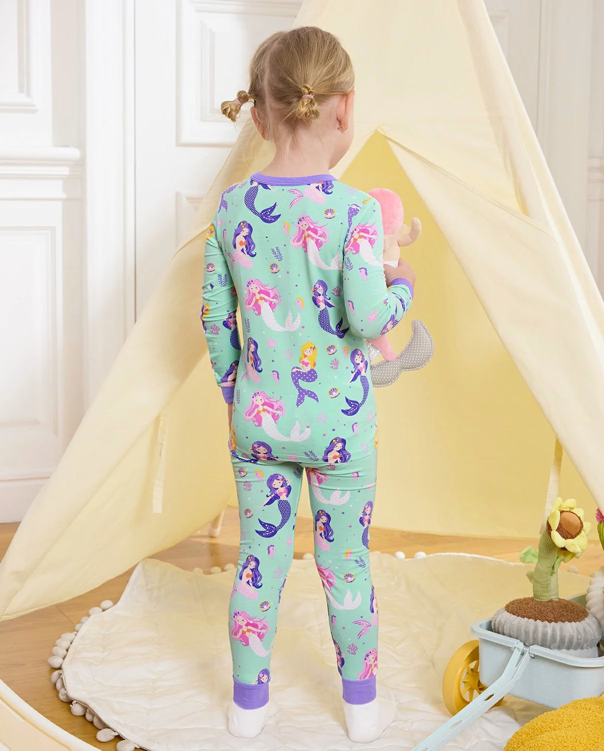 Mermaid Melody Long Two-Piece Pajama Set, mermaid melody bamboo two piece pjs lifestyle 2
