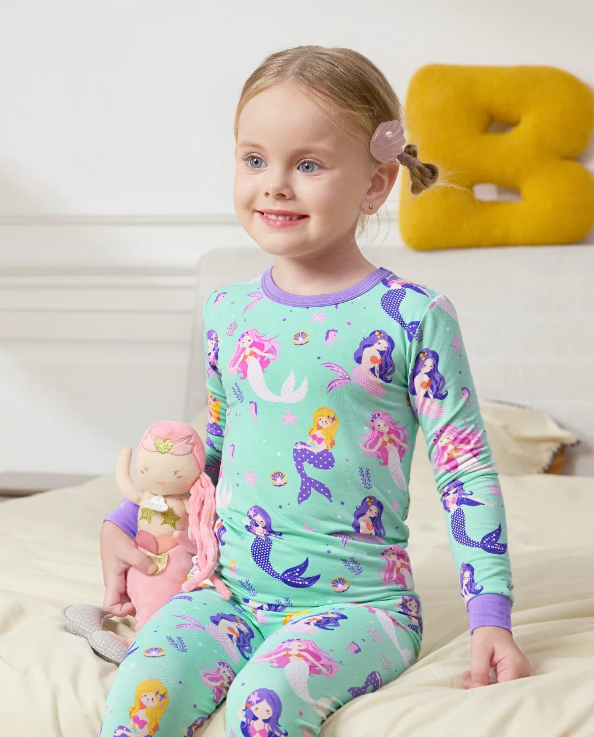 Mermaid Melody Long Two-Piece Pajama Set, mermaid melody bamboo two piece pjs lifestyle 3