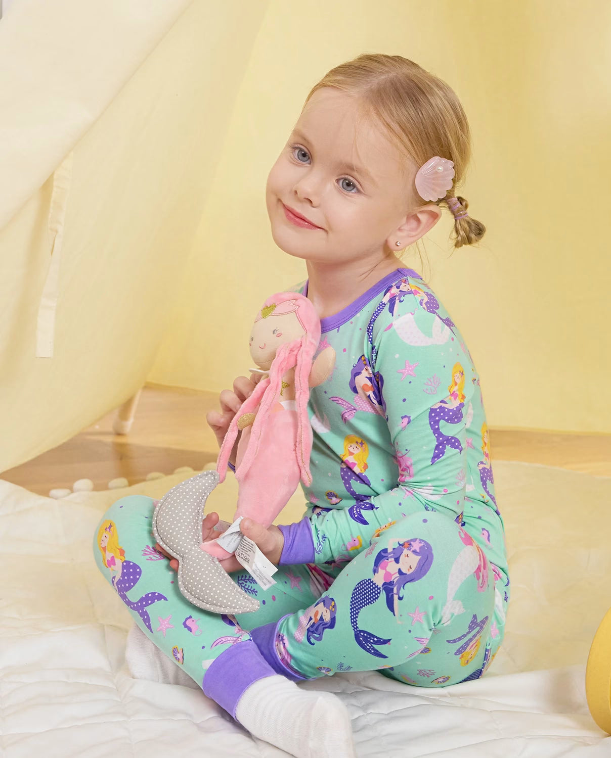 Mermaid Melody Long Two-Piece Pajama Set, mermaid melody bamboo two piece pjs lifestyle 4