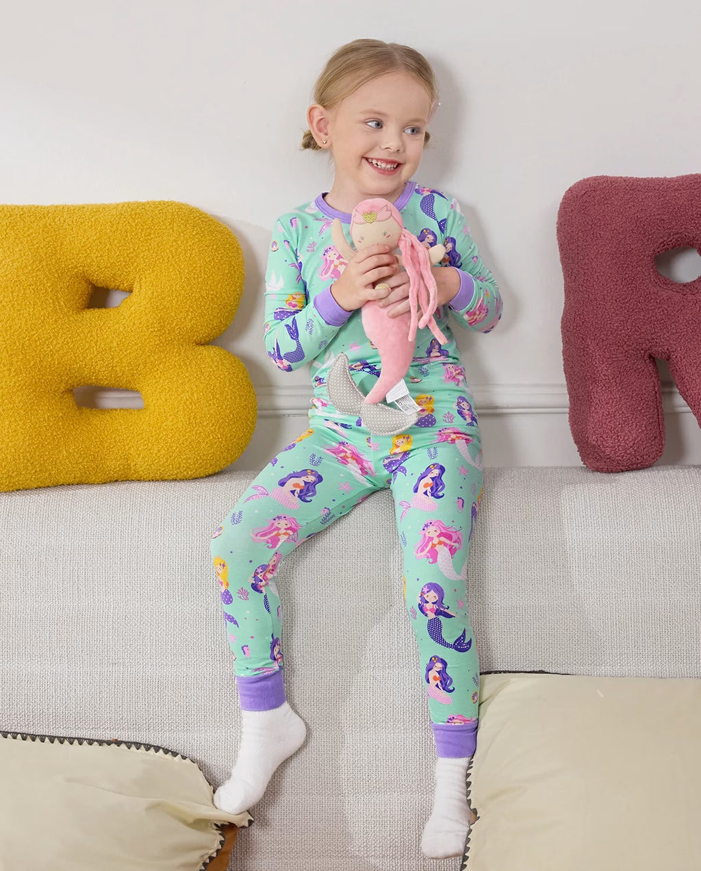 Mermaid Melody Long Two-Piece Pajama Set, mermaid melody bamboo two piece pjs lifestyle 7