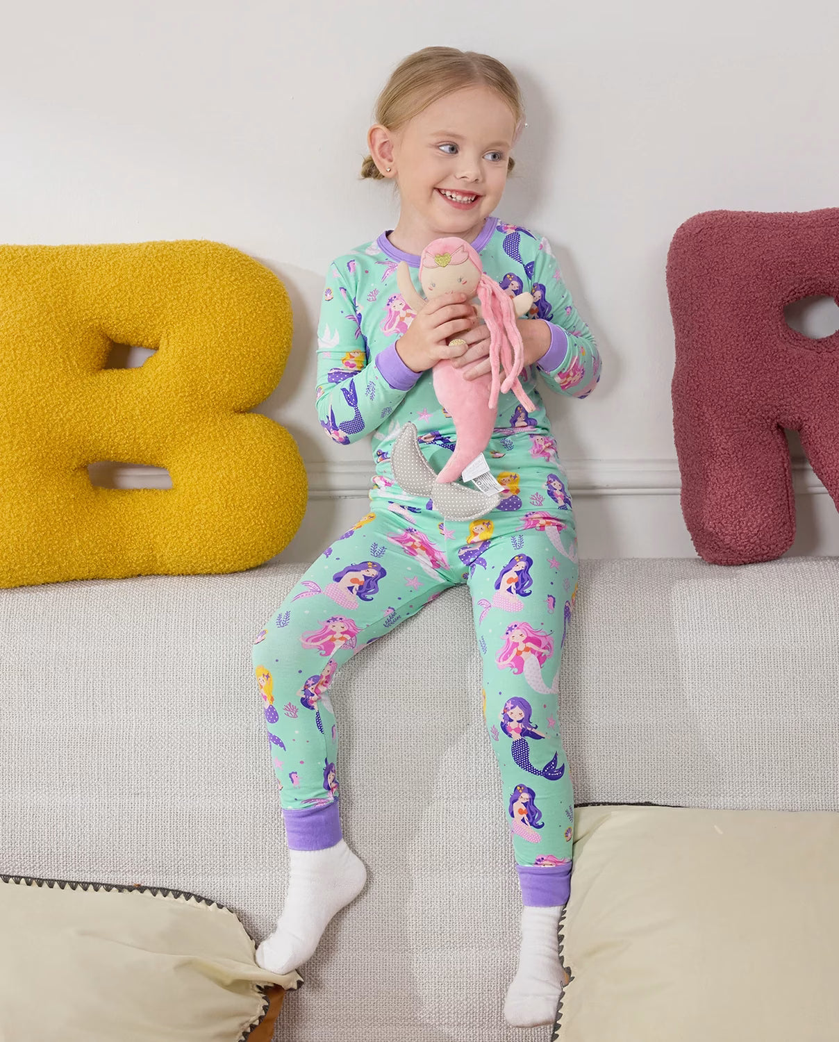 Mermaid Melody Long Two-Piece Pajama Set, mermaid melody bamboo two piece pjs lifestyle 7