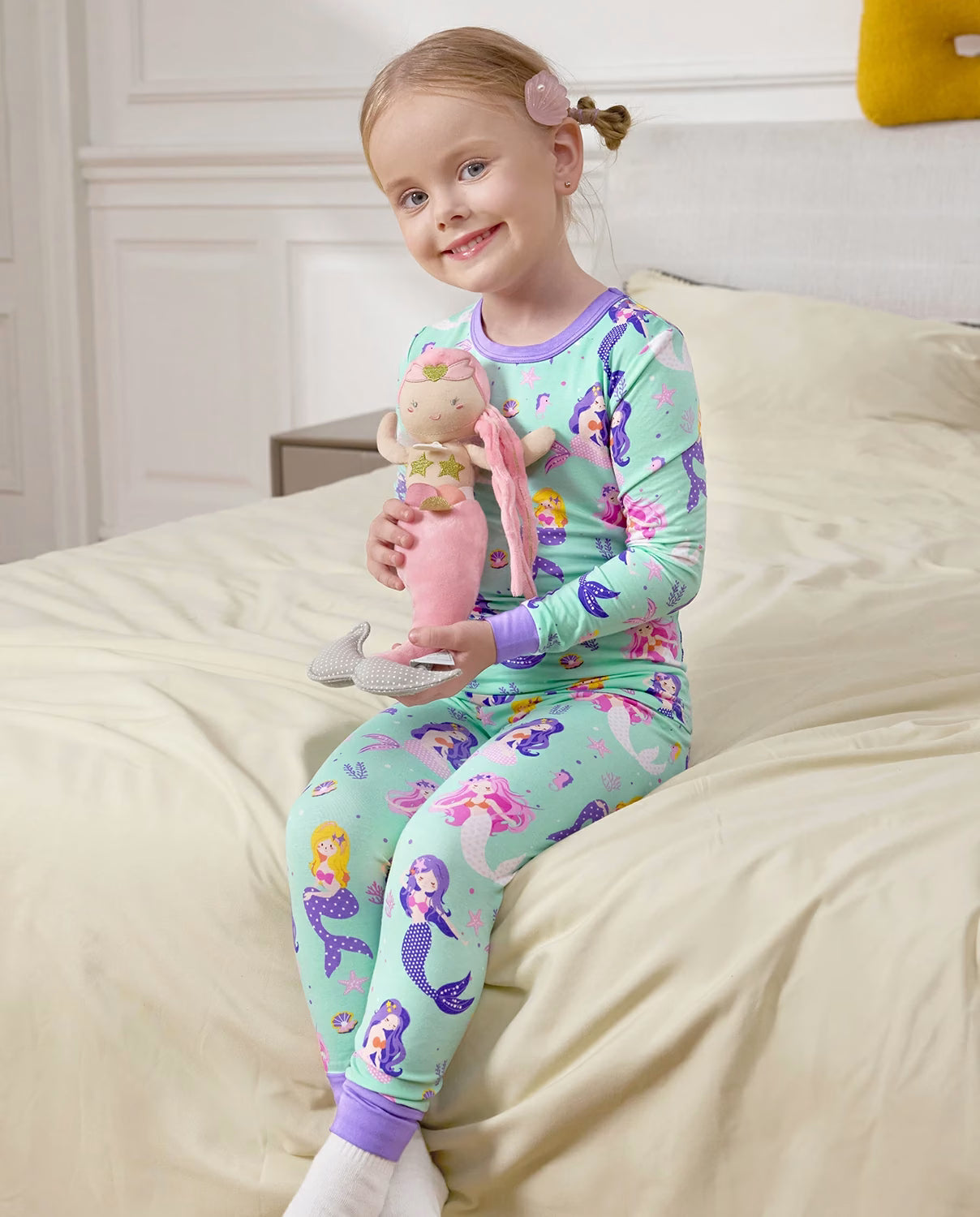 Mermaid Melody Long Two-Piece Pajama Set, mermaid melody bamboo two piece pjs lifestyle 9