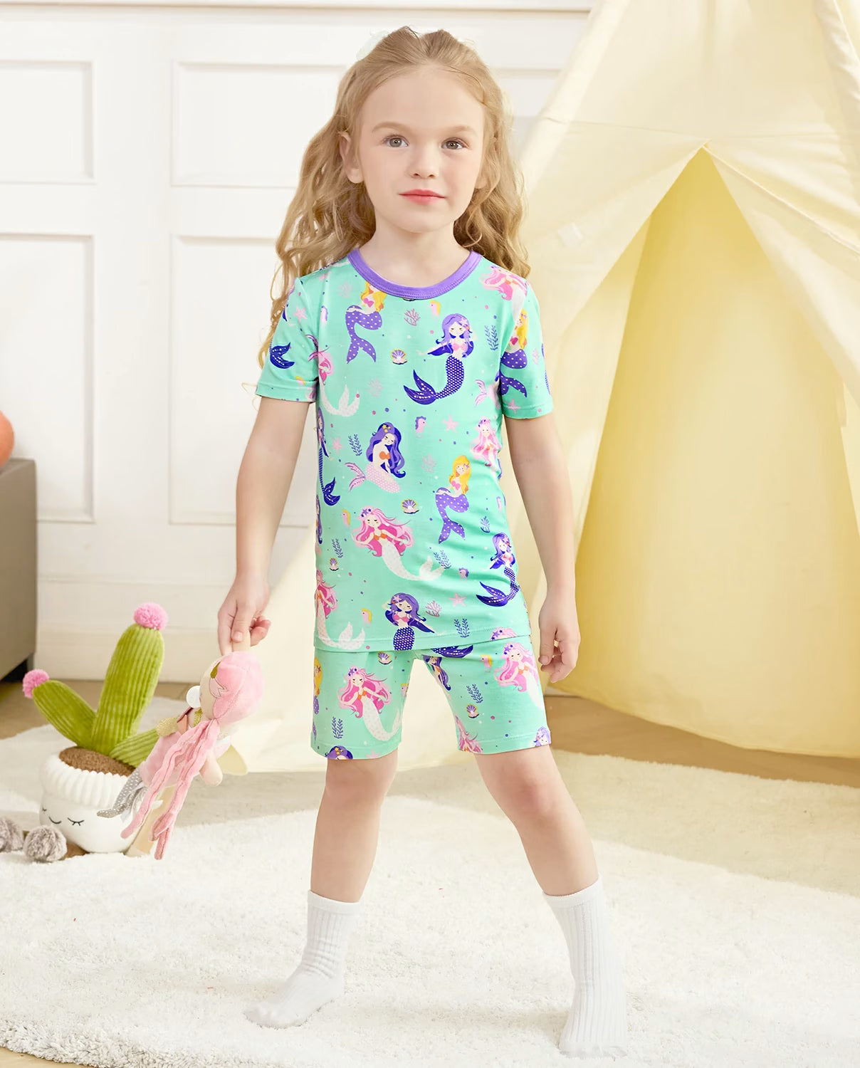 Mermaid Parade Short Two-Piece Pajama Set, mermaid parade bamboo short two piece pjs lifestyle 01