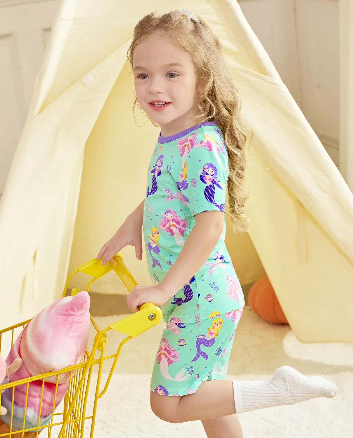 Mermaid Parade Short Two-Piece Pajama Set, mermaid parade bamboo short two piece pjs lifestyle 02