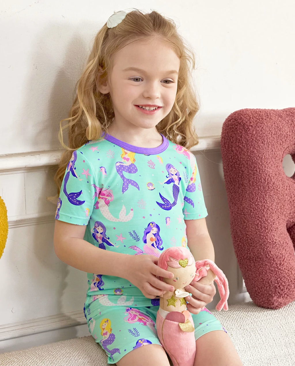 Mermaid Parade Short Two-Piece Pajama Set, mermaid parade bamboo short two piece pjs lifestyle 04