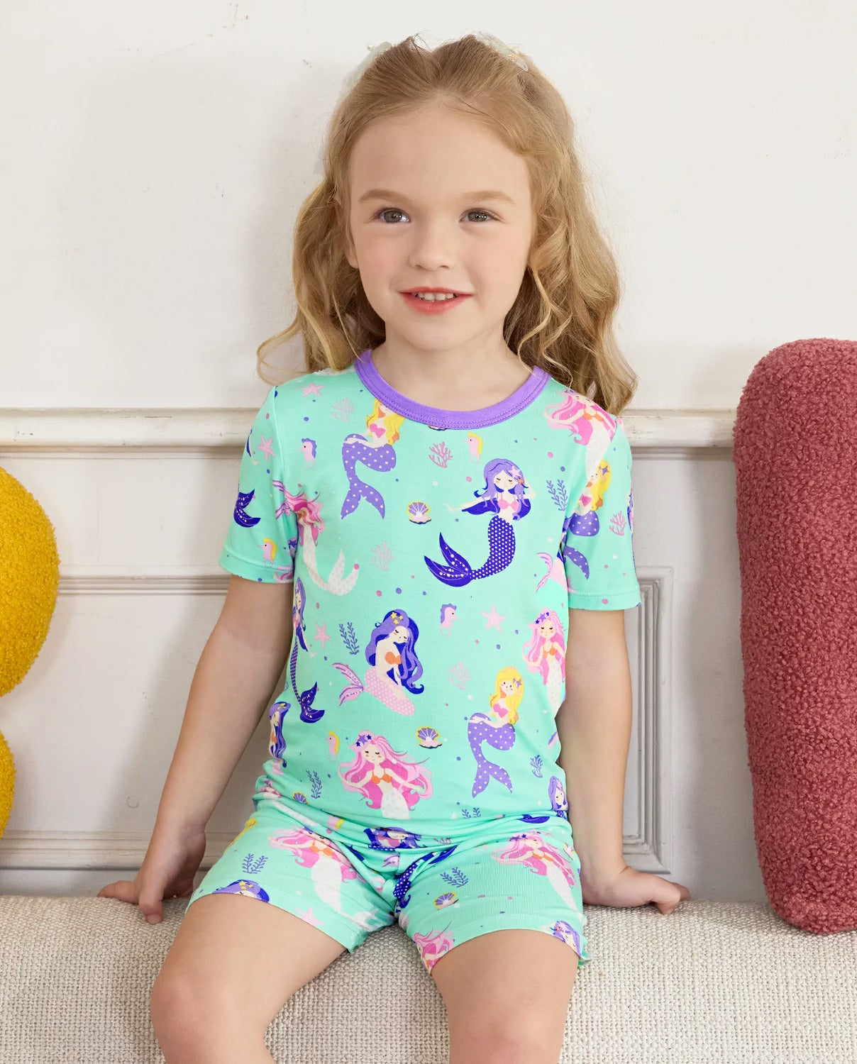 Mermaid Parade Short Two-Piece Pajama Set, mermaid parade bamboo short two piece pjs lifestyle 05