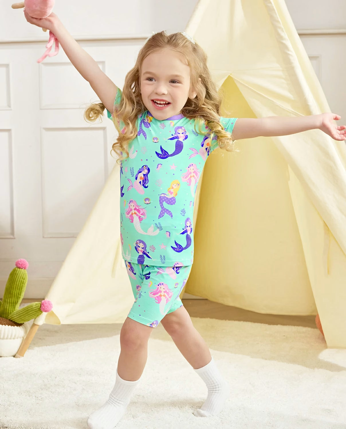 Mermaid Parade Short Two-Piece Pajama Set, mermaid parade bamboo short two piece pjs lifestyle 06