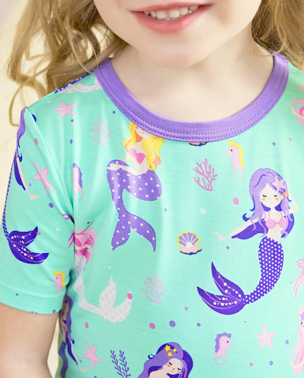 Mermaid Parade Short Two-Piece Pajama Set, mermaid parade bamboo short two piece pjs lifestyle 09