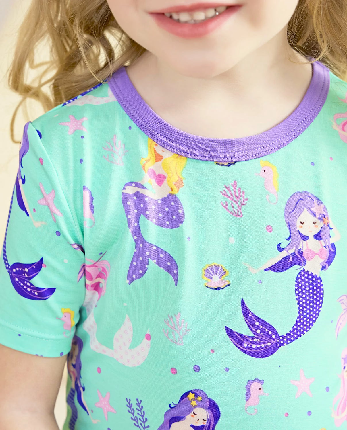 Mermaid Parade Short Two-Piece Pajama Set, mermaid parade bamboo short two piece pjs lifestyle 09