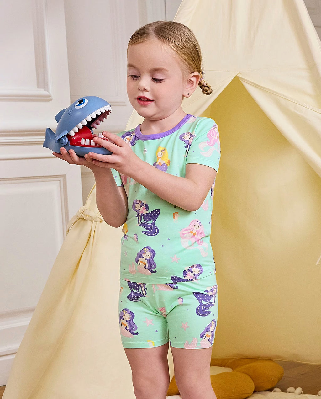 Mermaid World Short Two-Piece Pajama Set, mermaid world bamboo short two piece pjs lifestyle 01