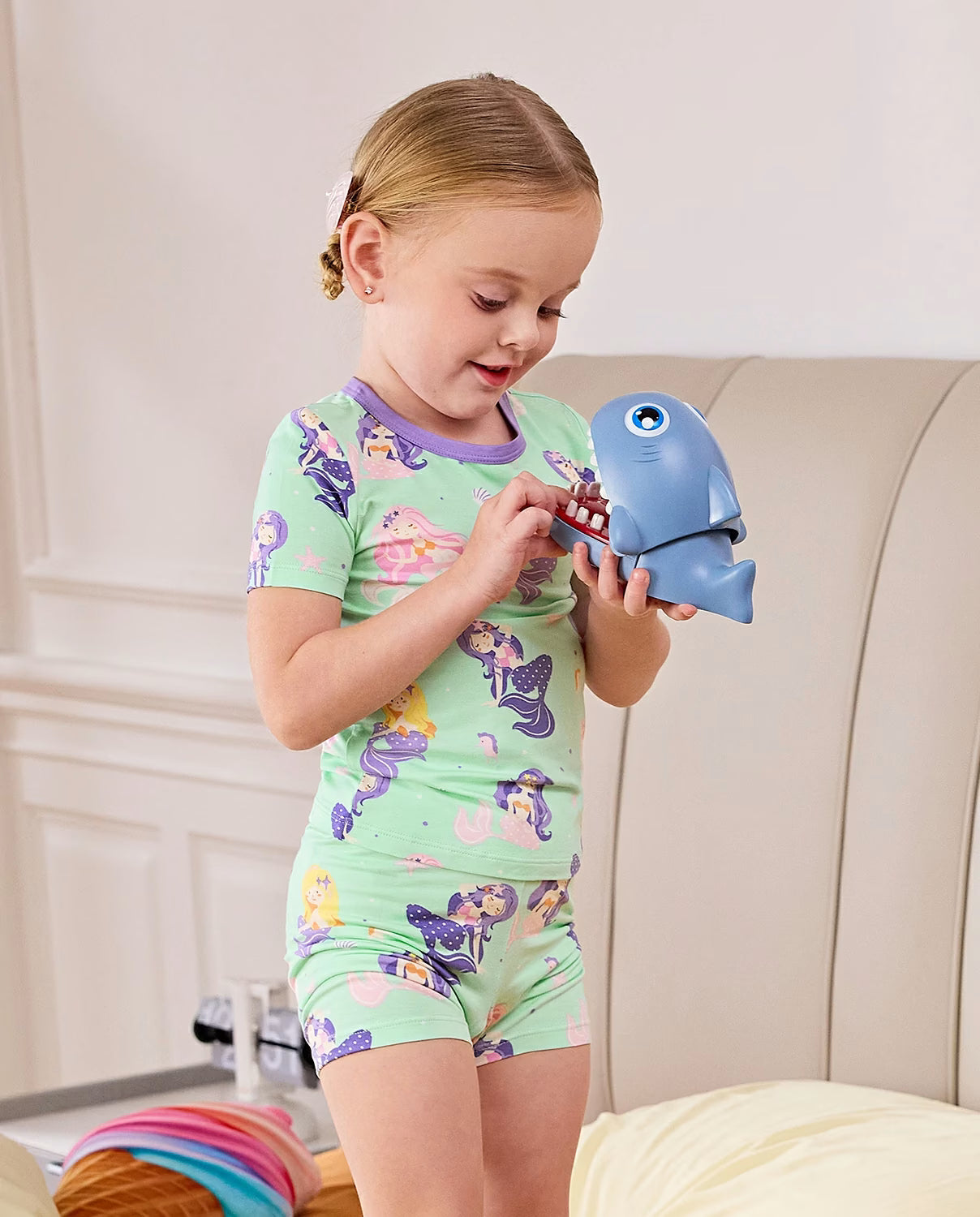 Mermaid World Short Two-Piece Pajama Set, mermaid world bamboo short two piece pjs lifestyle 02