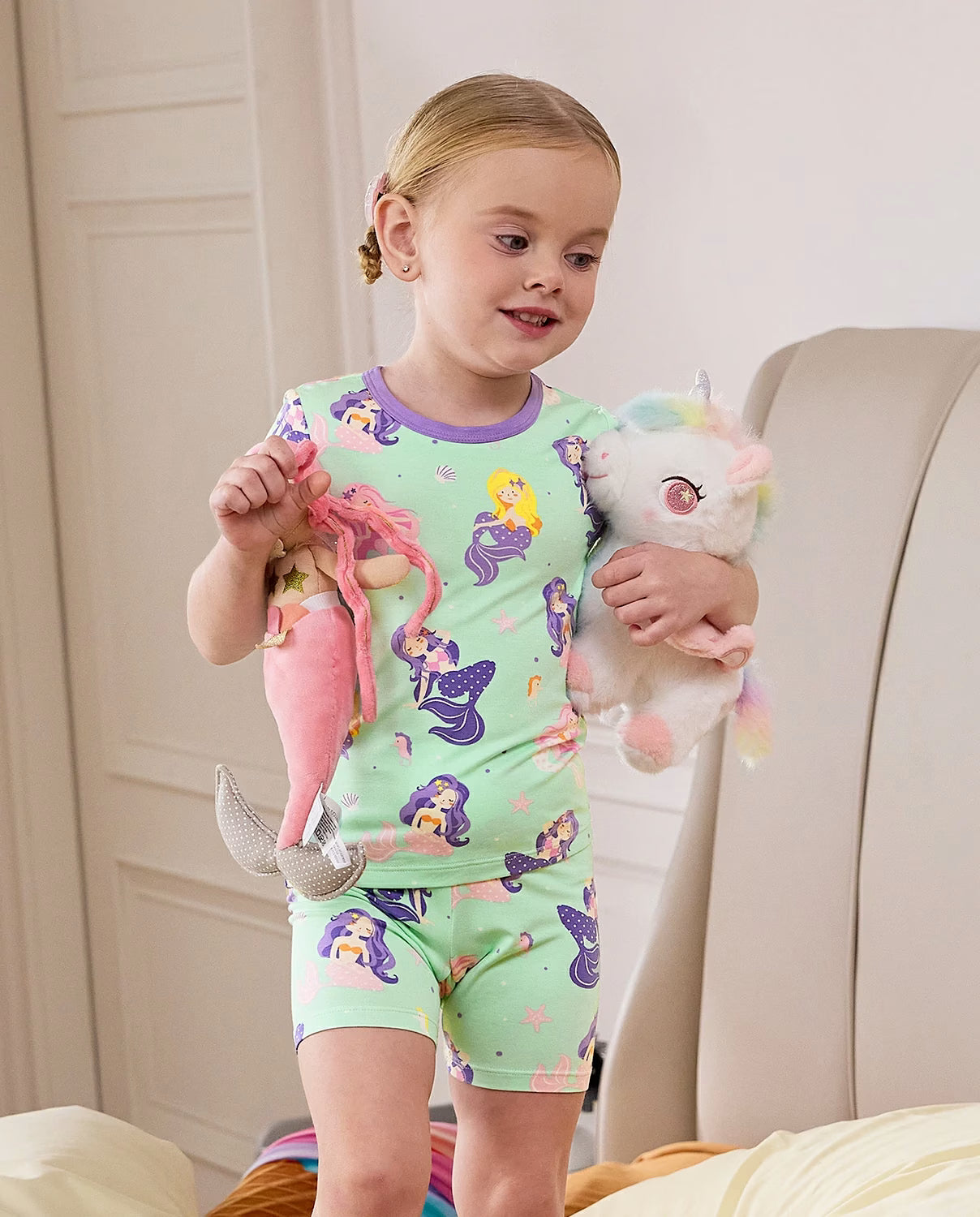 Mermaid World Short Two-Piece Pajama Set, mermaid world bamboo short two piece pjs lifestyle 03