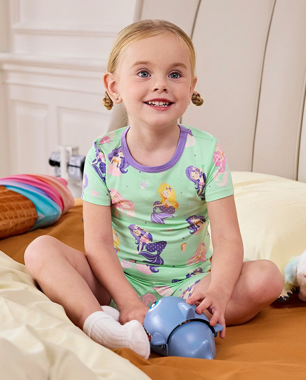 Mermaid World Short Two-Piece Pajama Set, mermaid world bamboo short two piece pjs lifestyle 04