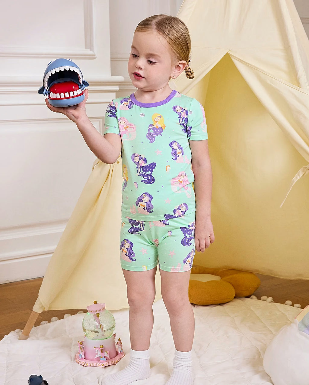 Mermaid World Short Two-Piece Pajama Set, mermaid world bamboo short two piece pjs lifestyle 06