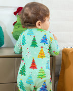Close-up of the Merry Trees Bamboo Zippy back with colorful decorated trees and snowflakes