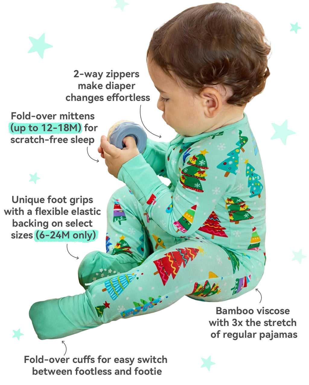 Merry Trees Bamboo Zippy feature graphic showing the zipper, fold-over cuffs, and foot grips