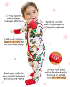 Merry Truckmas Bamboo Zippy feature graphic showing the zipper, fold-over hand and foot cuffs, and a close-up of foot grips.