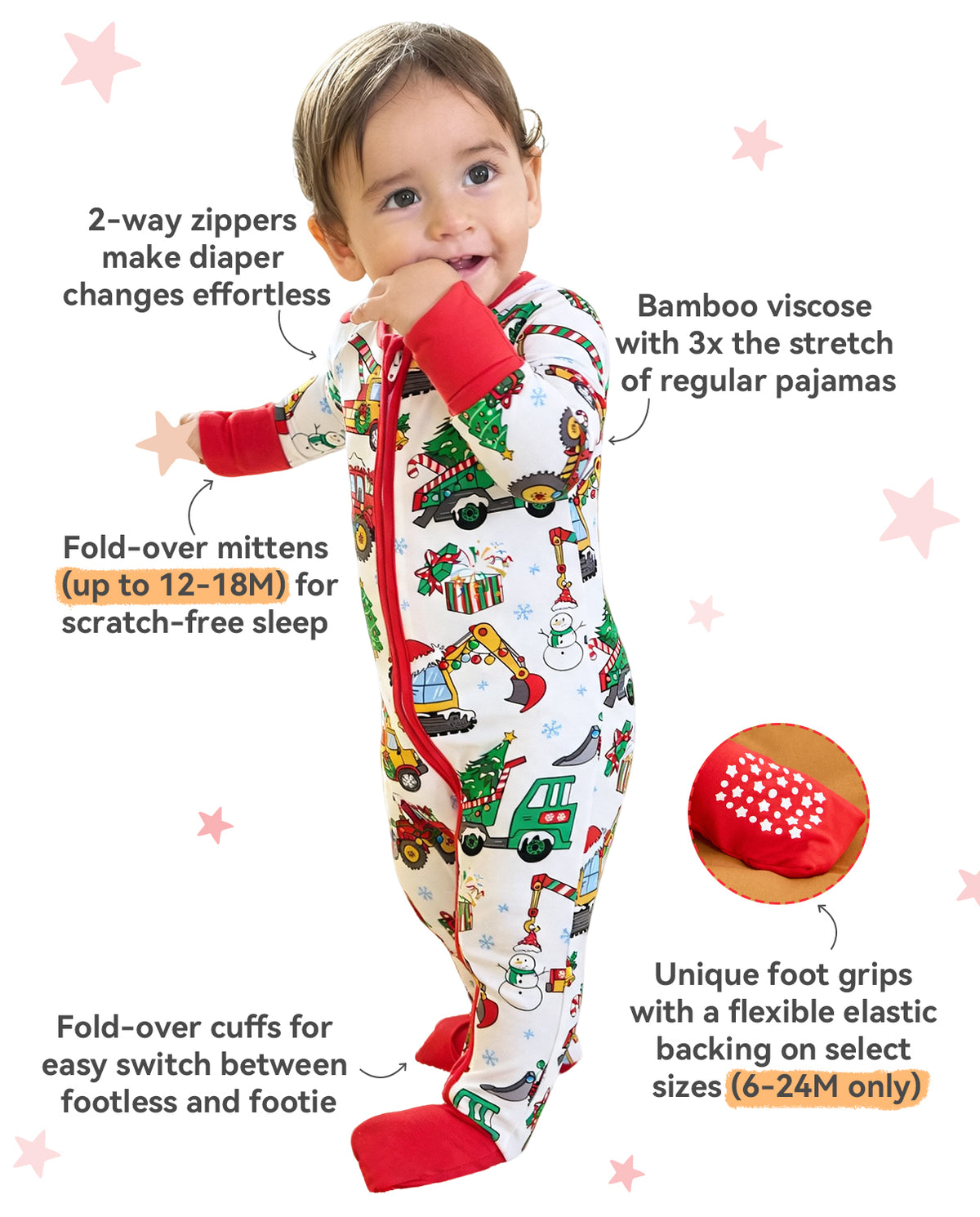 Merry Truckmas Bamboo Zippy feature graphic showing the zipper, fold-over hand and foot cuffs, and a close-up of foot grips.
