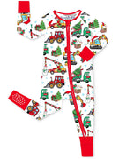 Front view of the Merry Truckmas Bamboo Zippy alone on a white background, with festive construction vehicles, red trim and convertible cuffs.