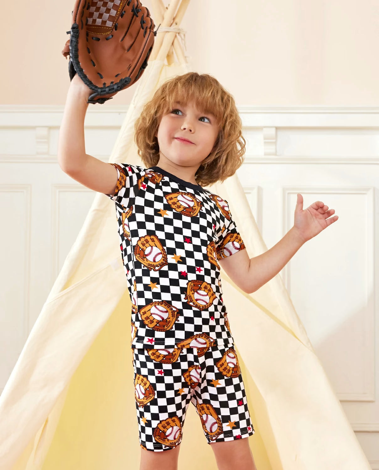 Mini Catcher Short Two-Piece Pajama Set, mini catcher bamboo short two piece pjs lifestyle 04