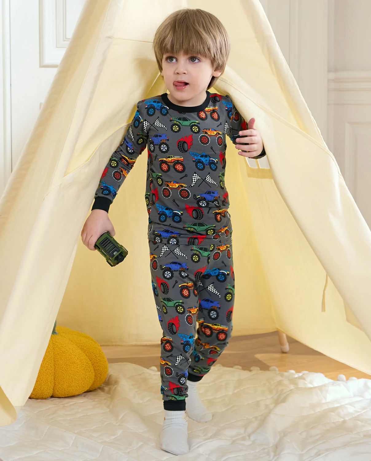 Monster Truck Long Two-Piece Pajama Set, monster truck club bamboo two piece pjs lifestyle 1