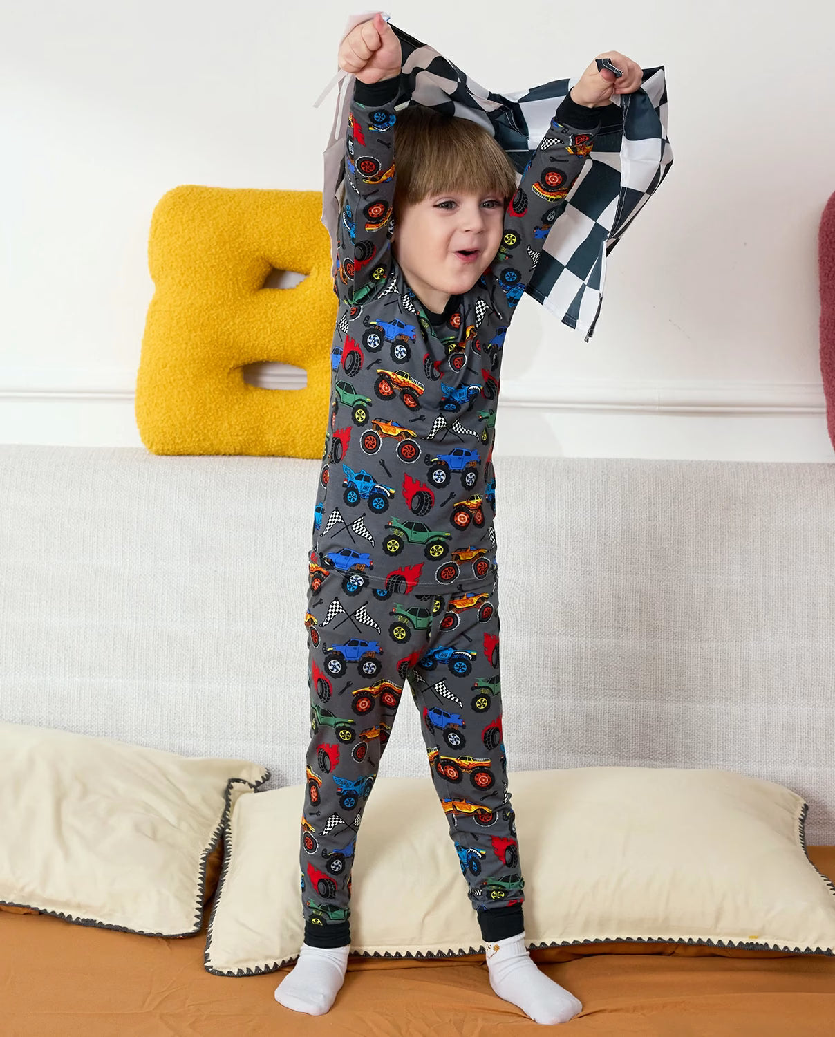 Monster Truck Long Two-Piece Pajama Set, monster truck club bamboo two piece pjs lifestyle 3