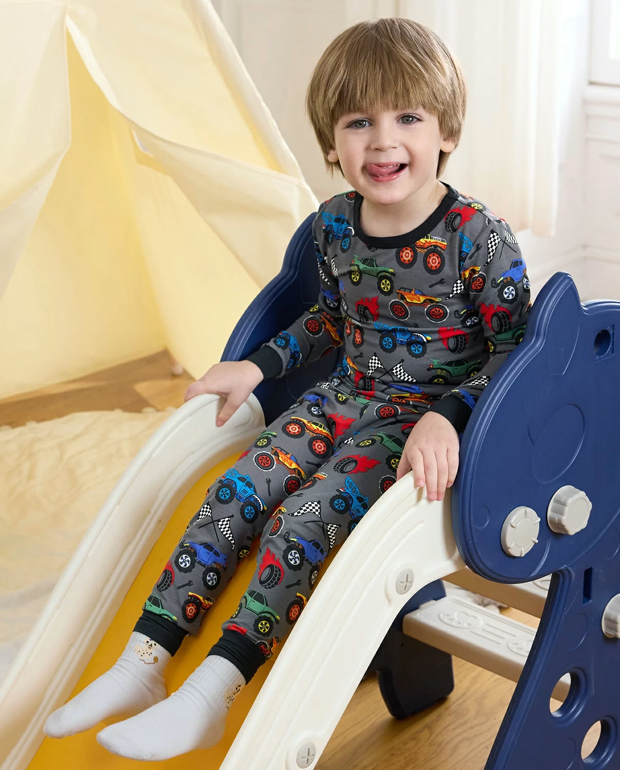 Monster Truck Long Two-Piece Pajama Set, monster truck club bamboo two piece pjs lifestyle 5