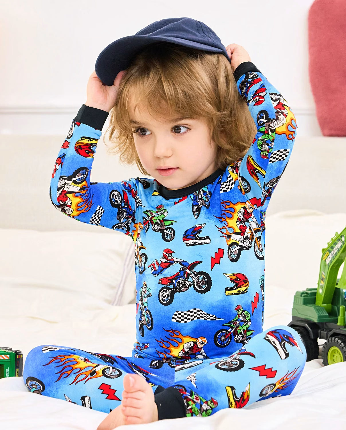 Moto Rider Long Two-Piece Pajama Set, moto rider bamboo long two piece pjs lifestyle 01