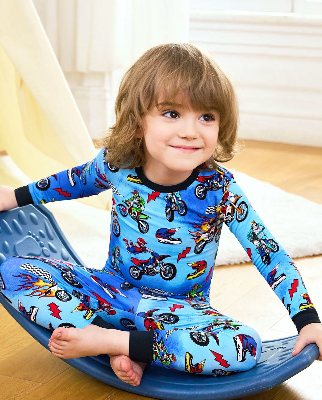 Moto Rider Long Two-Piece Pajama Set, moto rider bamboo long two piece pjs lifestyle 06