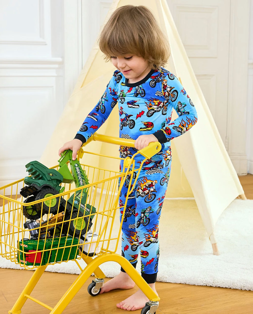 Moto Rider Long Two-Piece Pajama Set, moto rider bamboo long two piece pjs lifestyle 09