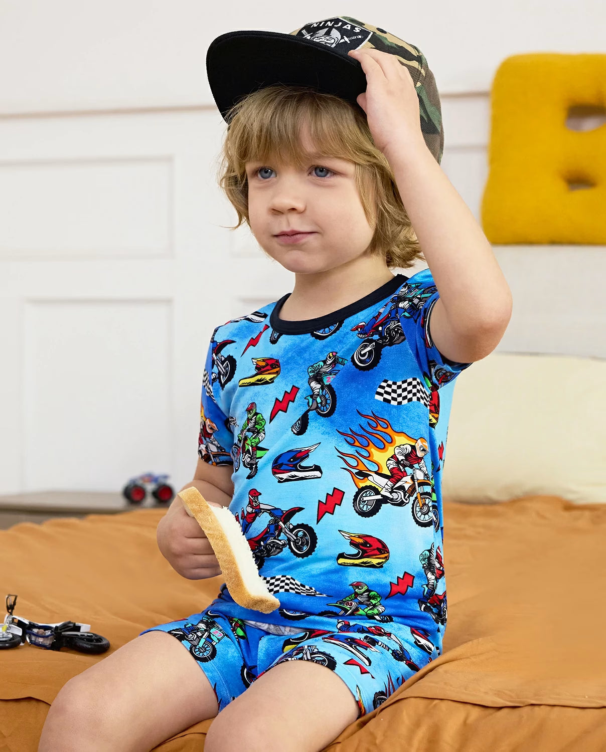 Moto Rider Short Two-Piece Pajama Set, moto rider bamboo short two piece pjs lifestyle 01
